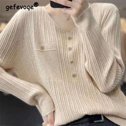 Women Clothing 2023 Korean Style V Neck Long Sleeve Chic Elegant Knitted Sweater Female Casual Solid Loose Pullover Tops Jumpers