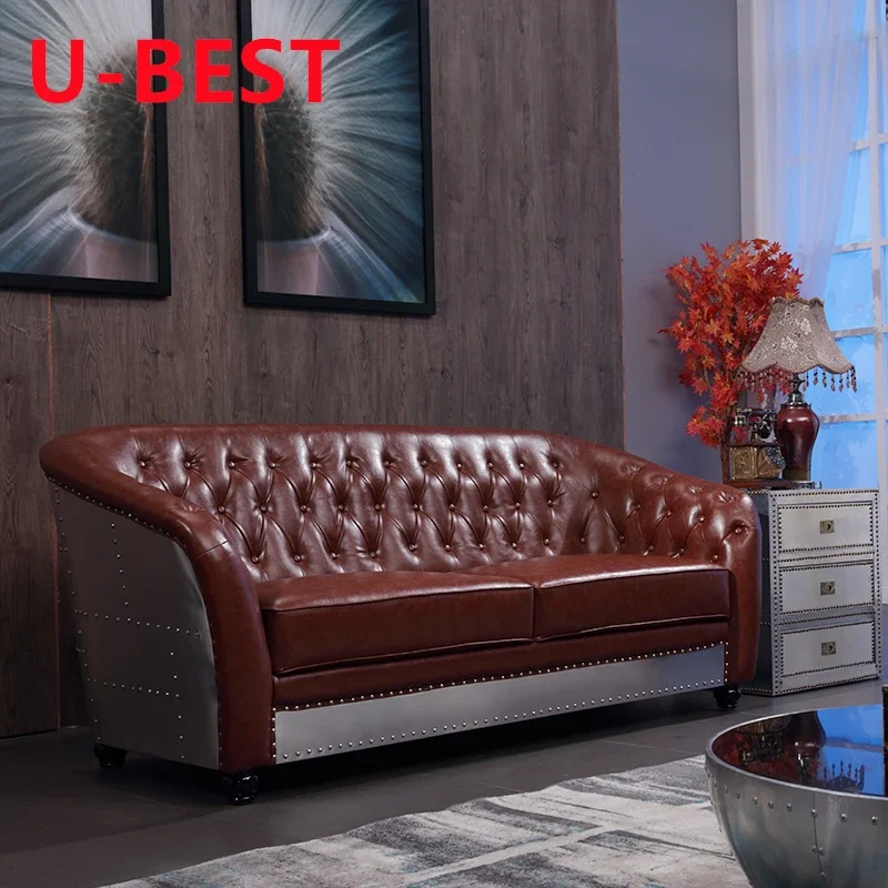 U-BEST Modern Aviator Sofa With Leather Aluminum Aviator Copper Aluminium Back Style Antique Leather Living Room Furniture Sofa