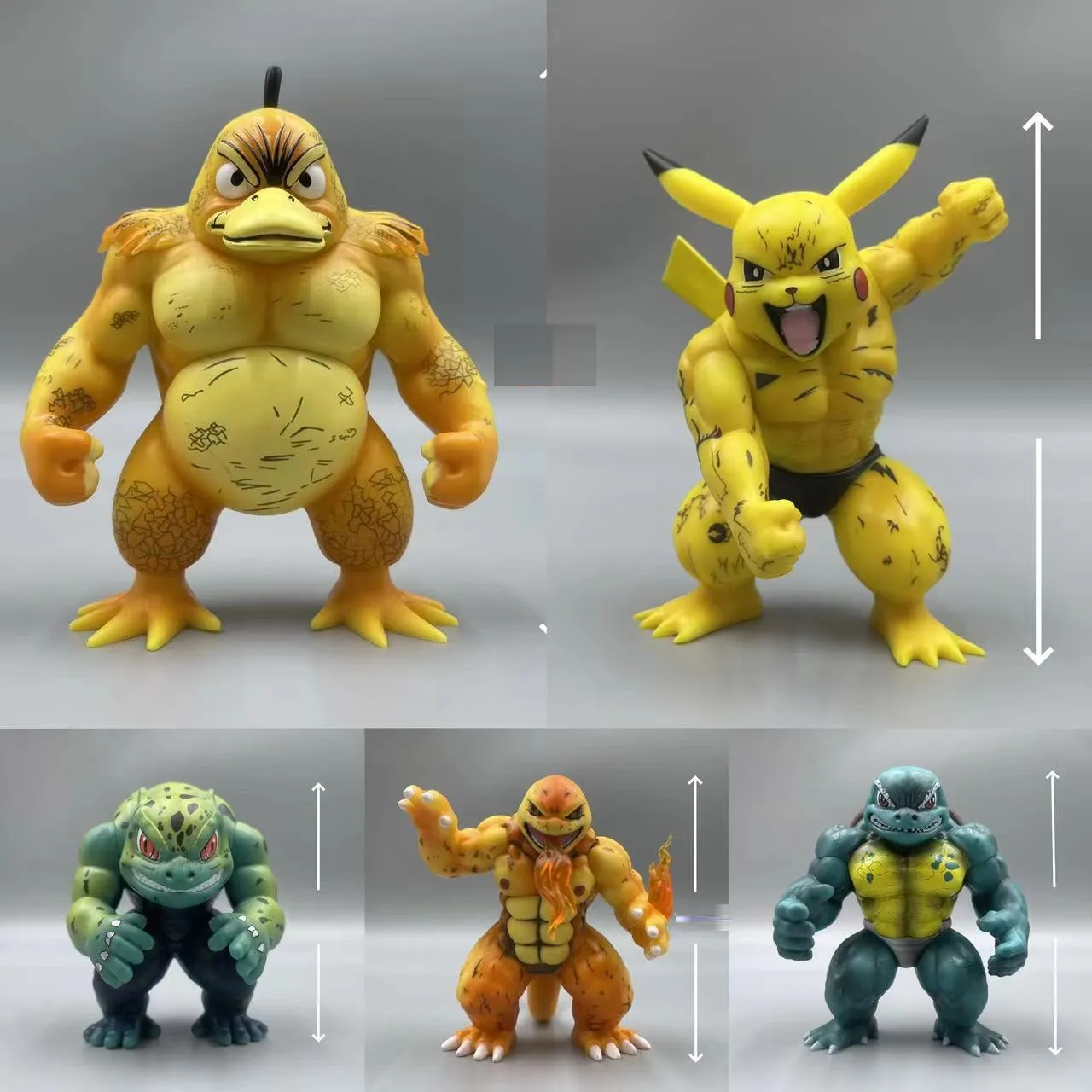 Anime Pikachu Squirtle Psyduck Charmander Bulbasaur Fury Muscle  PVC Action Figures Toys Model Statue 10cm