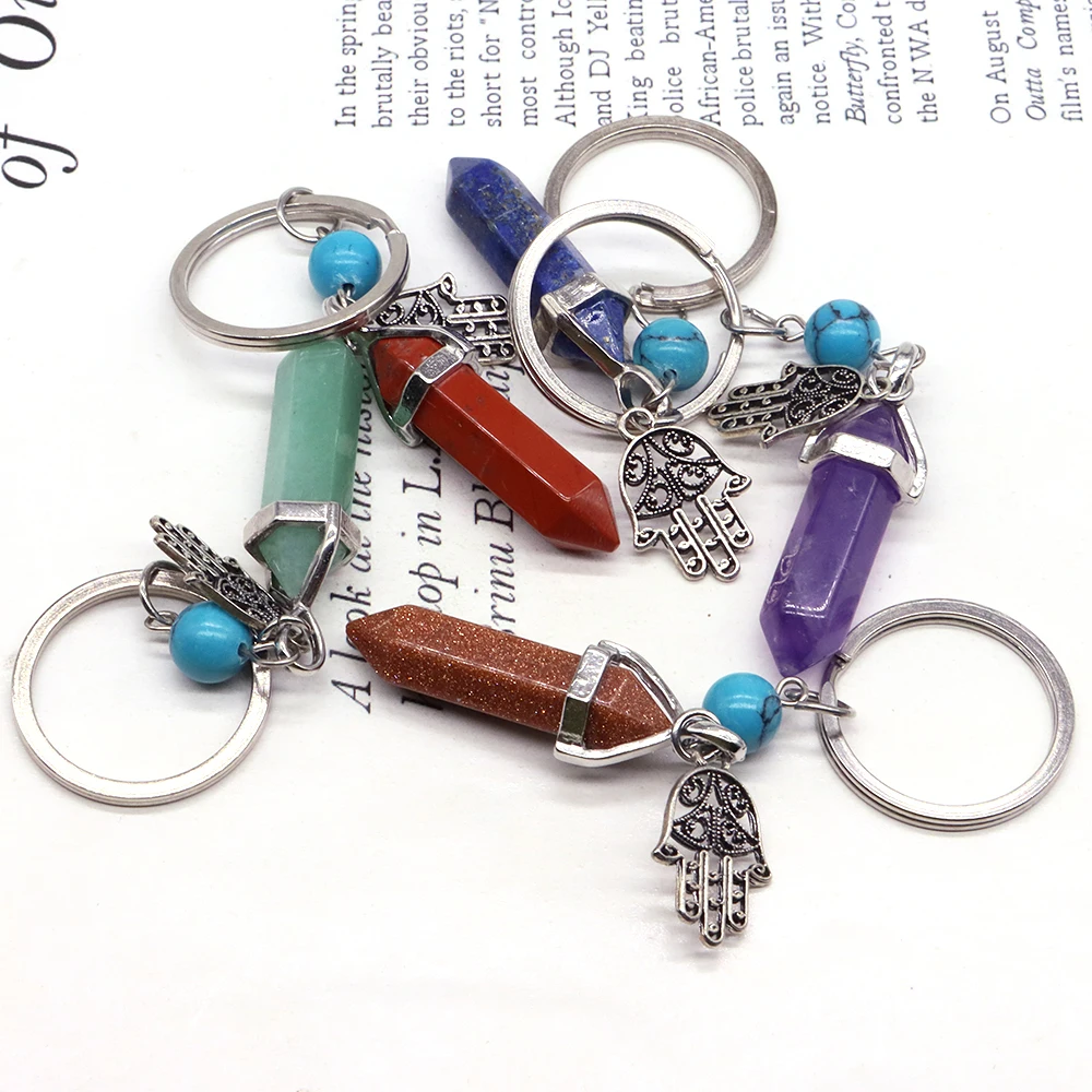 

Natural Stone Hexagon Pillar Handbag Keychain Women's Exquisite Internet-famous Healing Crystal Car Accessories Palm Gem Pendant