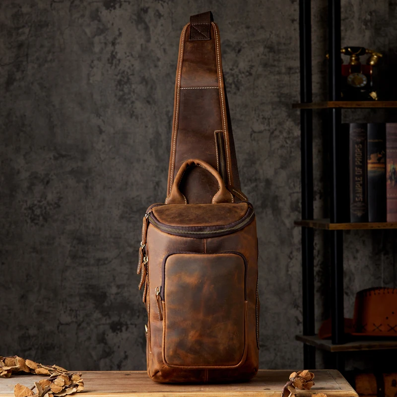 High Quality Handmade Vintage Crazy Horse Leather Chest Bag Men Fashion Genuine Leather Shoulder Sling Bag Large Capacity Pack