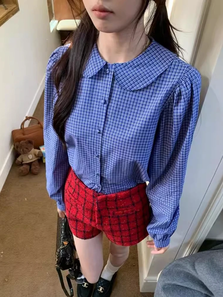 ADAgirl Blue Plaid Shirt Women Kawaii Peter Pan Collar Blouse Female Preppy Style Puff Sleeve Top with Teen Girl Spring Clothes