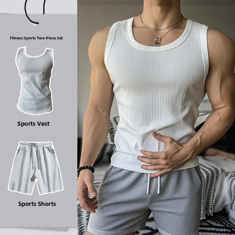 

American Sle Fitn Sport Vest orts Set Men's Muscle Defn Elastic Summer Casual Wear Two Piece Suit Teenage Boy