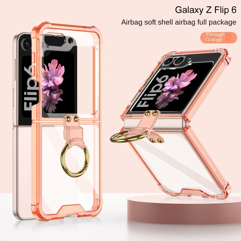 Electroplated Transparent Airbag Ring Phone Case for Samsung Galaxy Z Flip 6 5 Flip6 Flip5 5G Stand Shockproof Cover