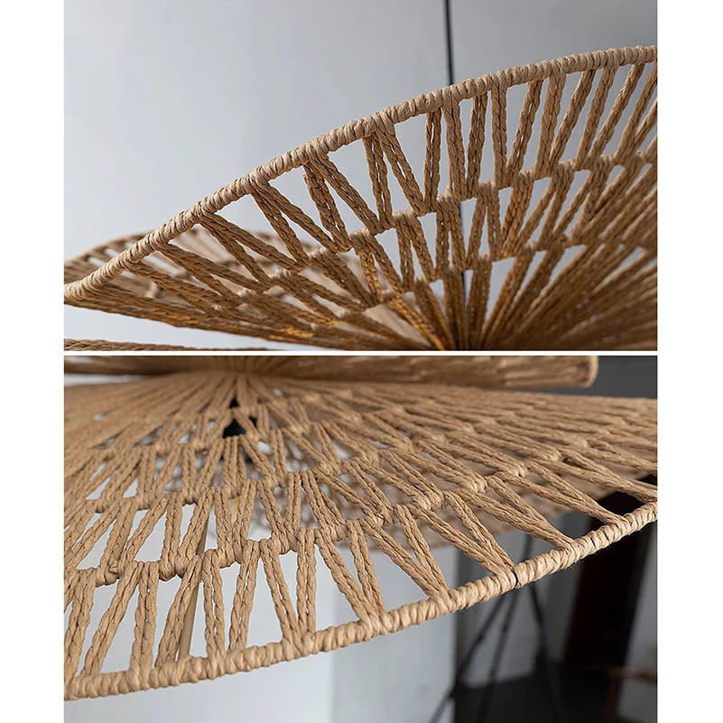 Vintage Rattan Hemp Rope Handmade Chandelier for Living Dining Room Tea Bedroom Study Pendant Light Indoor Home Decor LED Lamp