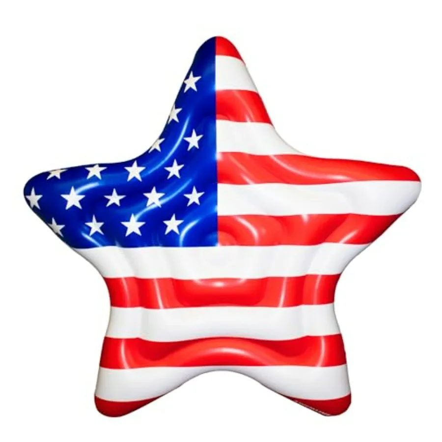 

Inflatable Americana Star Island Pool Raft 65 x 69 for outdoor pool use, durable vinyl material, red-white-blue color scheme, e