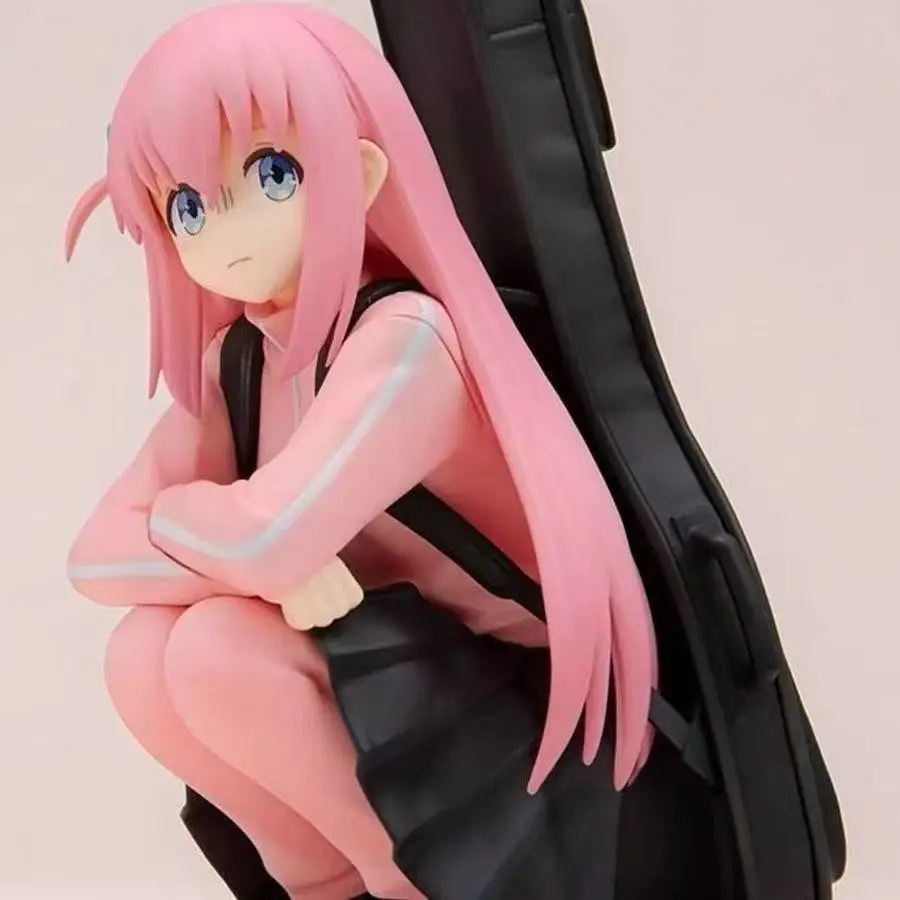 

Anime Girl Figure Pink Hoodie Crouching Pose 2 Replaceable Faces Collectible Model Toy with Guitar Bag Accessory Desktop Decorat