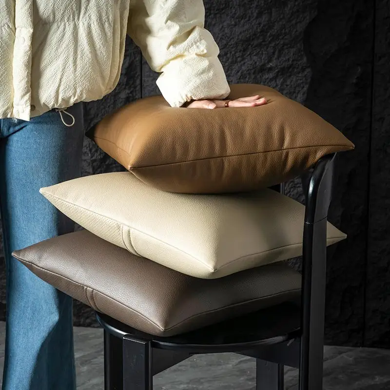 

Leather throw pillow high-end light luxury hotel sofa back seat white goose down living room sofa solid color