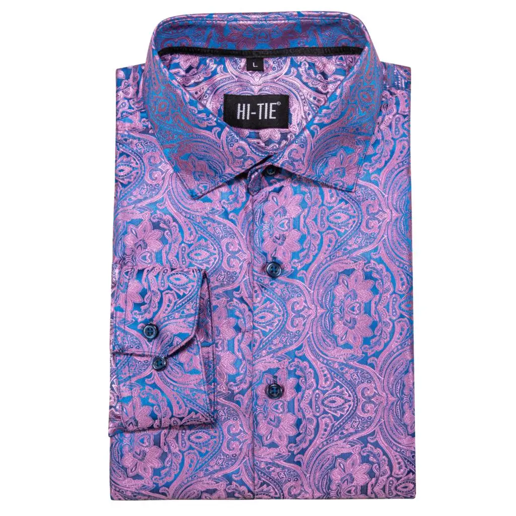Hi-Tie Brand New Silk Mens Shirts Long Sleeve Slim Fit Gold Blue Red Beige Burgundy Pink Purple Gray Shirt For Men High Quality