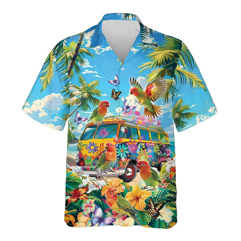 Hawaiian Hippie Bus Bird 3D Printed Beach Shirts Aloha Vacation Flamingo Graphic Shirt For Men Clothes Lovebird Toucan Blouses