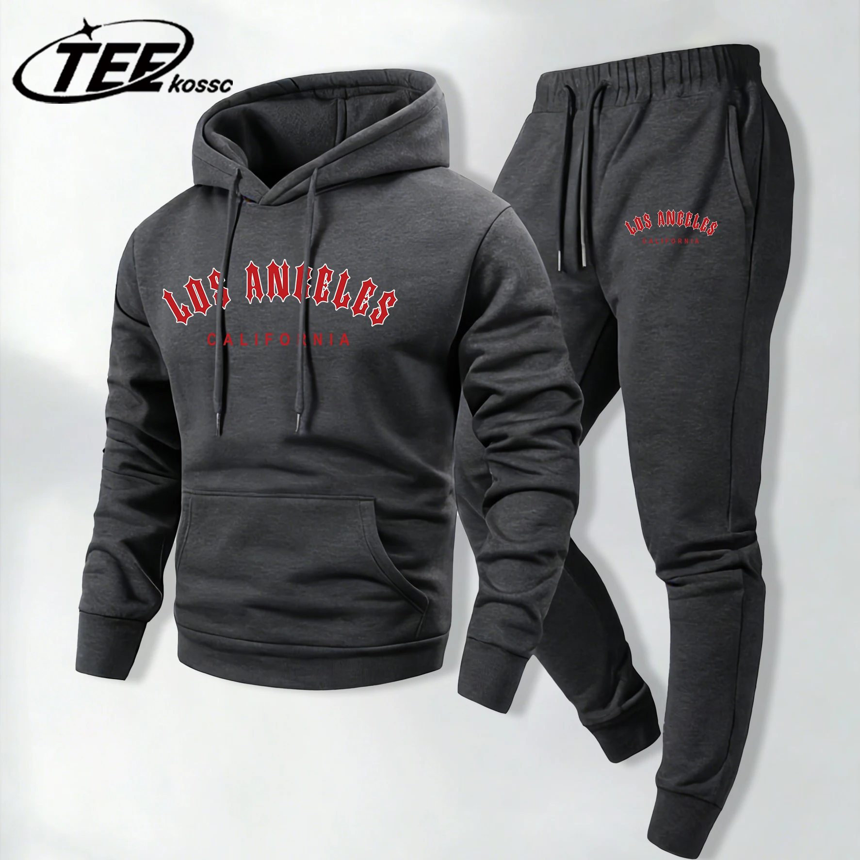 

Костюмы унисекс: худи и брюки в стиле ретро из флиса, повседневные, базовые, универсальные, с длинным рукавом, красные, из Лос-Анджелеса, Калифорния