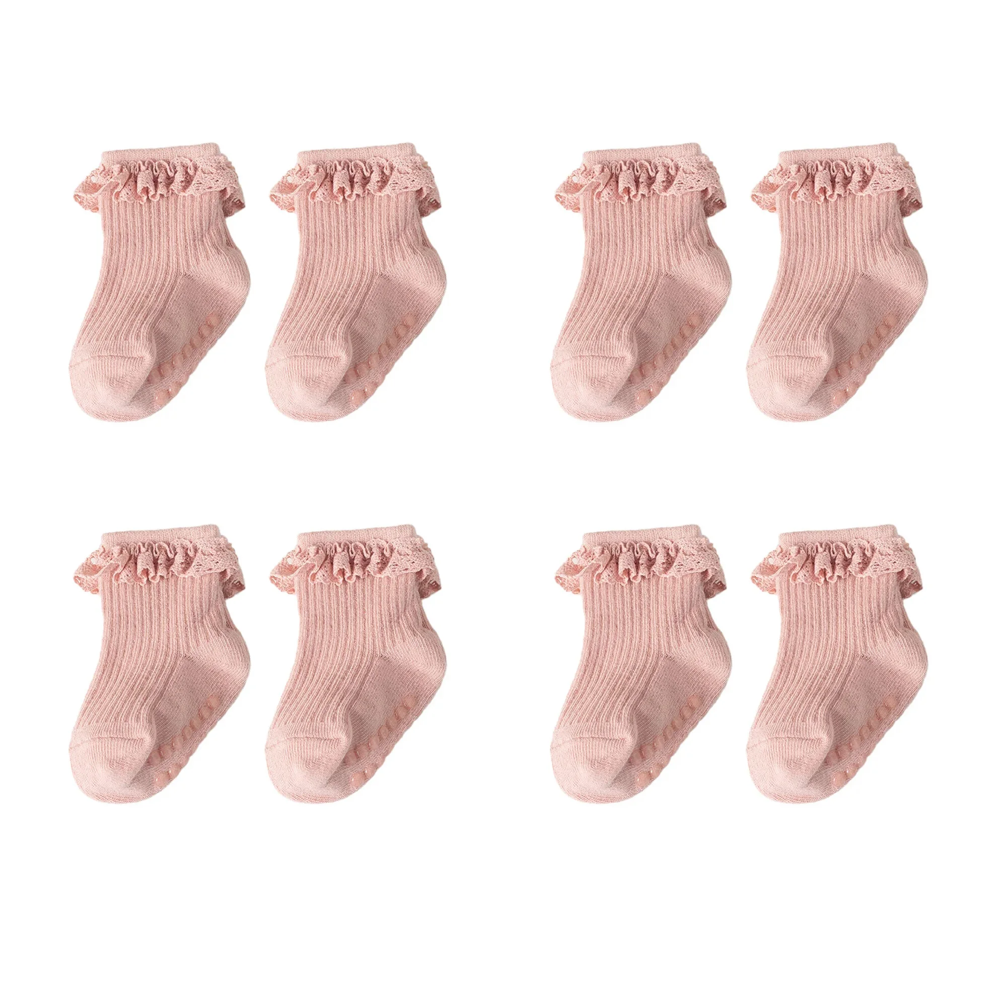 4pairs/lot Lace Ruffle Princess Baby Socks Soft Cotton Breathable Infant Girl Short Sock Rubber Bottom Anti-slip Kids Floor Sock