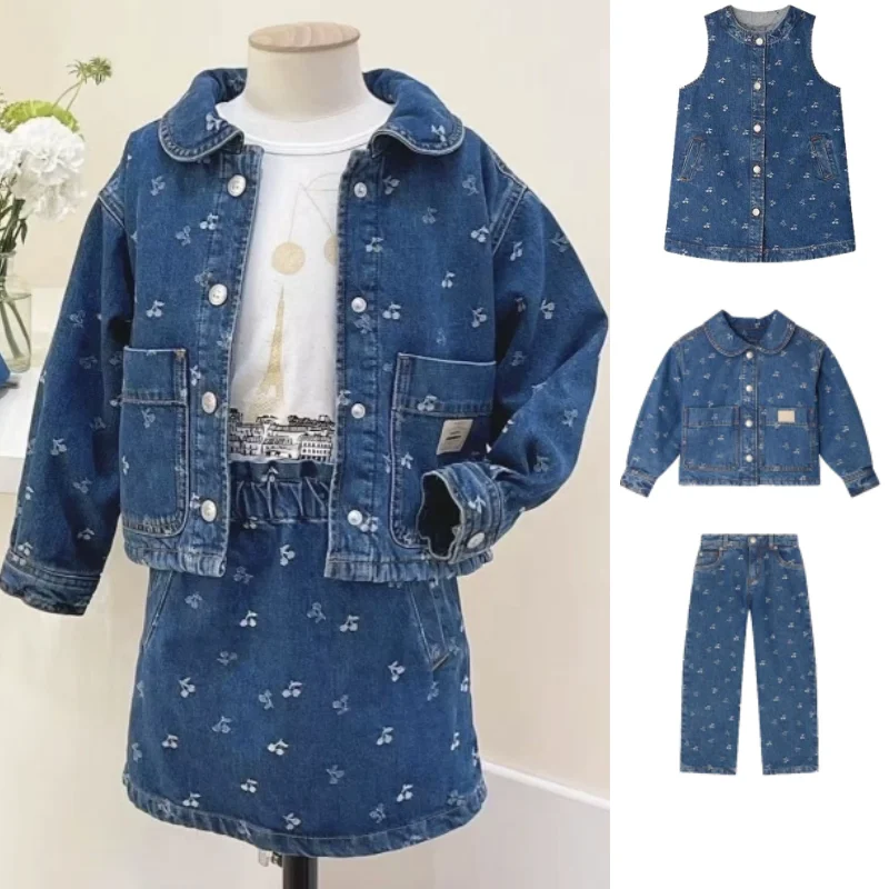 

Girls' Jacket 2025 Fall/Winter New Arrival Cherry Fashion Kids' Denim Jacket & Pants Pure Cotton Cute Sleeveless Girls' Dress