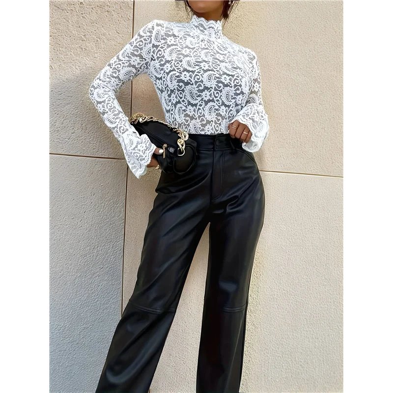 

NEW-Womens Lace Tops Sheer Long Sleeve Tops For Women Casual Dressy Blouse Shirt