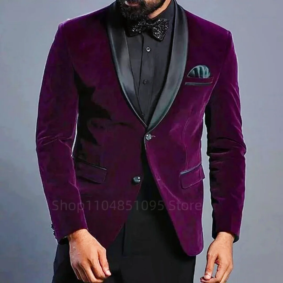 بدلات رجالية مخملية بقصة ضيقة فستان زفاف غير رسمي ذكي شال وطية صدر السترة سترة العريس البدلات الرسمية للأعمال 2 قطعة مجموعات (سترة + بنطلون)