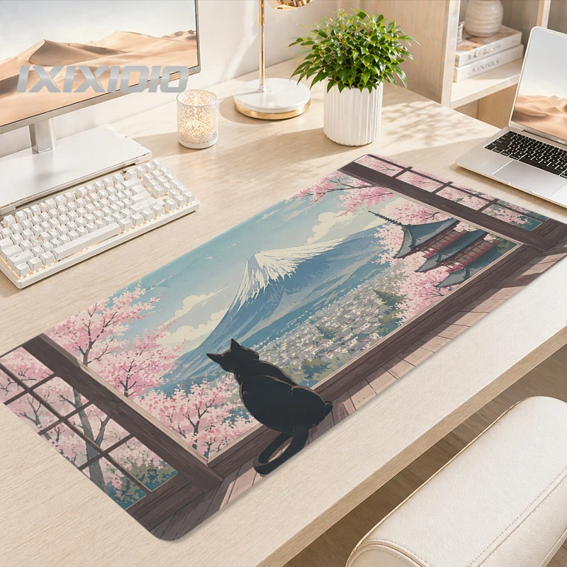 Japanese Style Cherry Blossom Black Cat Mouse Pad Gamer printon demand HD Custom Mousepad XXL Desk Mats Office Soft Carpet