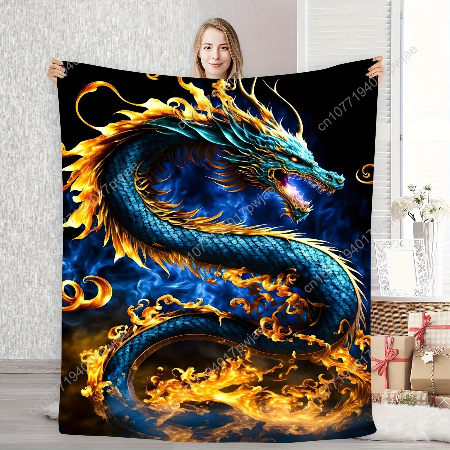 [Fantasy Dragon Blanket] Polyester Glam Style Fantasy Dragon Flannel Throw Blanket | Machine Washable, Digital Print, Tear Resis