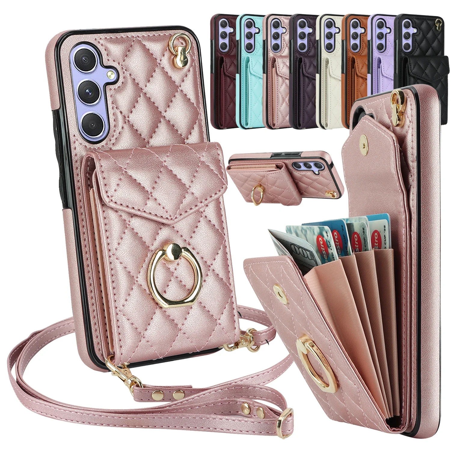 Crossbody Leather Wallet Cards Solt Ring Phone Case for Samsung Galaxy S23 S24 Ultra S22 S21 FE S20 A55 A54 A14 Note20 Bag Cover