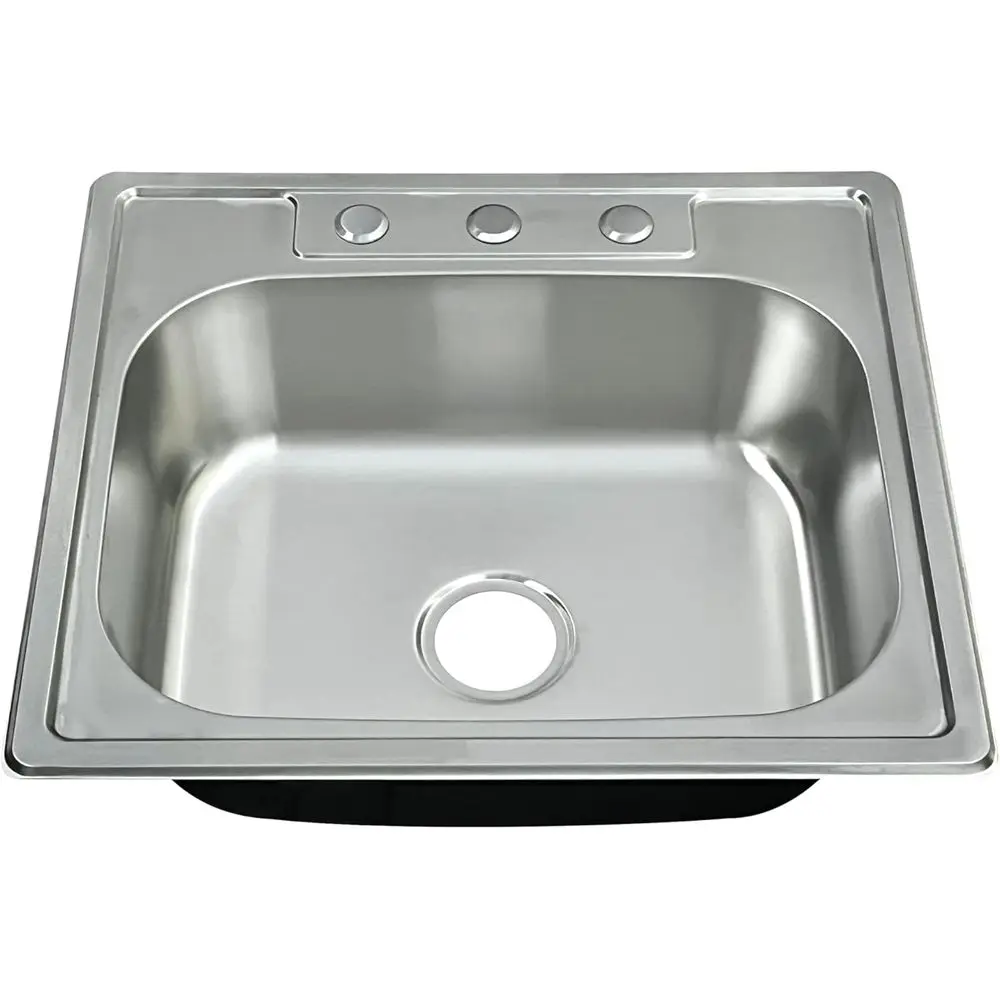 

18 Gauge 304 Stainless Steel Curved Single Bowl Kitchen Sink, 25x22 Top Mount, 3 Holes