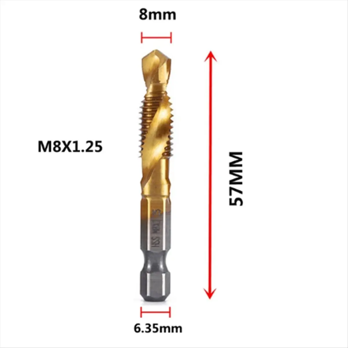 Top Sale M8x1.25 Hex Shank Titanium Plated HSS Thread Metric Tap Drill Bits Machine Compound Tap Open Chamfer Tool