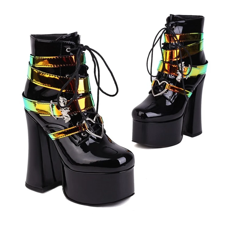 SIMLOVEYO 2021 Styles High Heel Boots Toe Patent Leather Lace-up 35-46 Black Glitter S2603