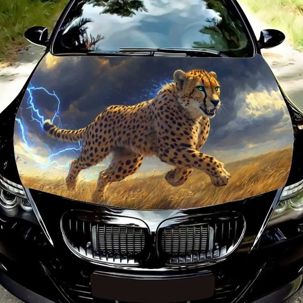 The Pursuit of The Lightning Cheetah Print Car Hood Decal Sticker, Durable Car Vinyl Wraps Suitable for Most Vehicles, Car Engin