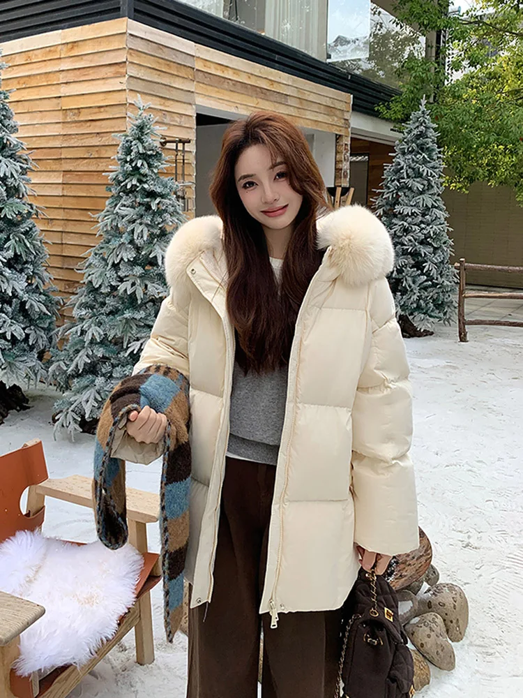 

Белый утиный пух с воротником из лисьего меха средней длины, свободный крой, популярный пуховик, зимнее новое милое женское толстое пальто с капюшоном