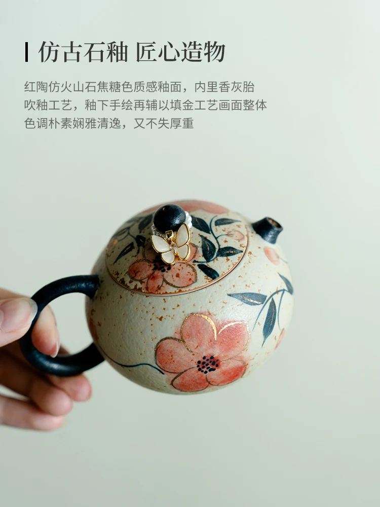 Teapot High-End Creative Pure Hand Drawing Peach Blossom Xi Shi Pot with Slip Home Ceramic Single Set