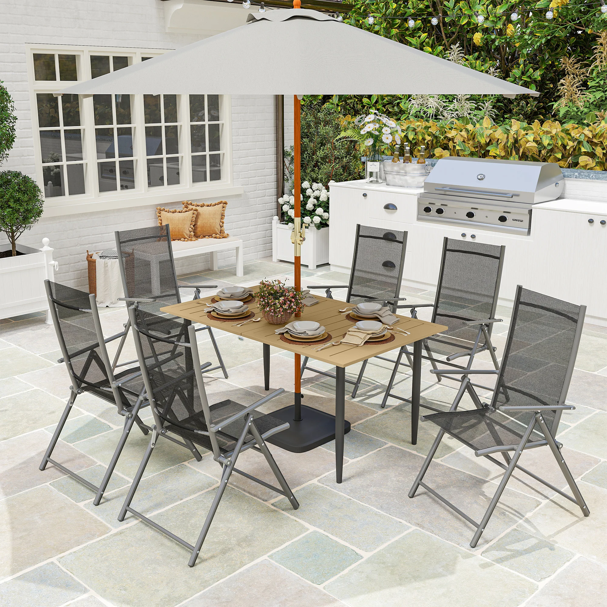 

Outsunny Garden Dining Table for 6 Person with Parasol Hole, Brown