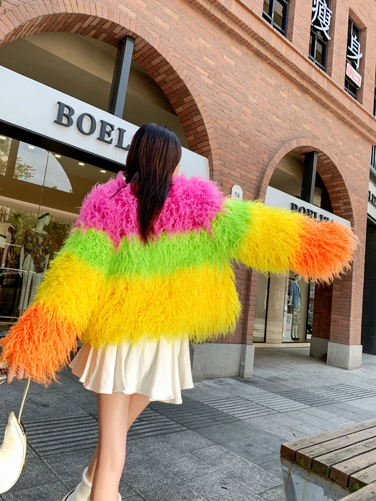 Original Design Colourful Faux Fur Coat Female Furry Jacket Lady Shaggy Outerwear Women\'s Winter Coats Factory Direct Sales