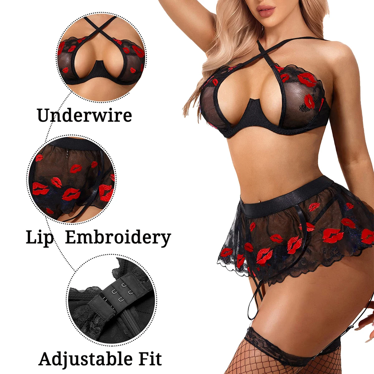 2024 Hot Cut Red See Through Lingerie Women\'s Underwear Mesh Yarn Lace Transparent Bra Sexy 3 Piece Erotic Lingerie Set Luxury