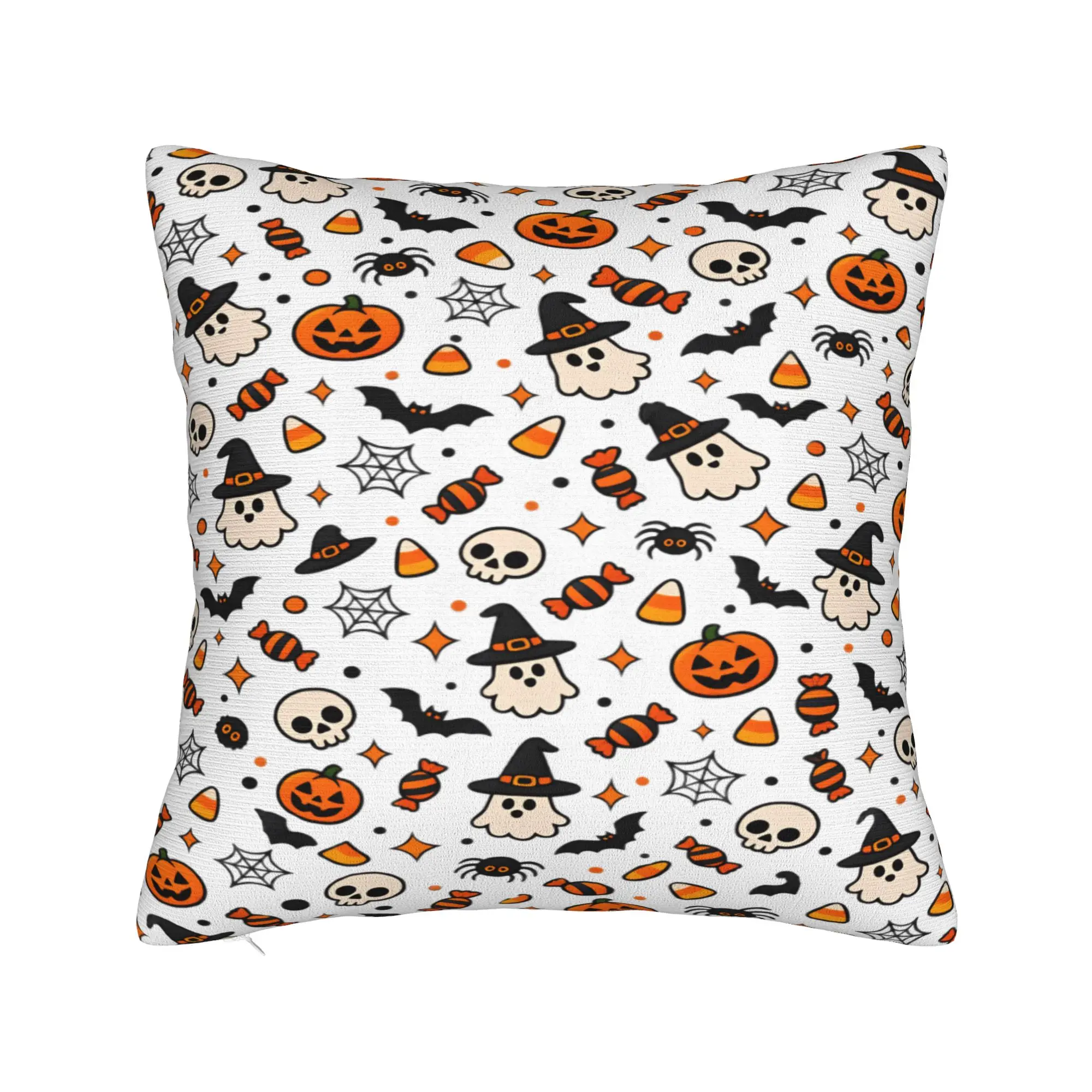 Halloween Candy Ghost Witch Bat Skull White Background Seamless Pattern Pillow Case  Graphic Pillow Cover For Sofa Cushion Cover