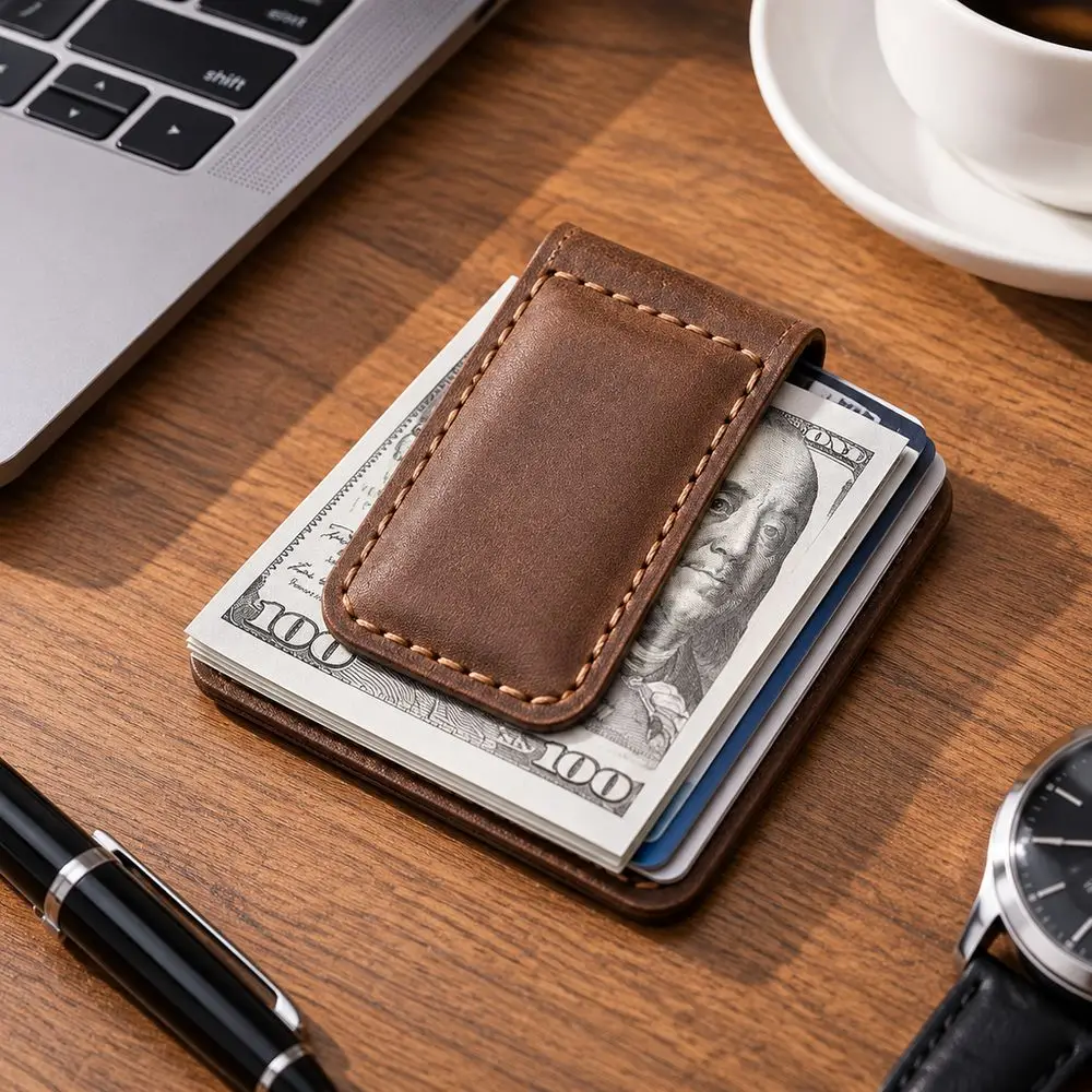 Fashion Magnetic Closure Money Clip Minimalist Style Vintage Look Magnetic Cash Holder Stitched Edge Wallet Accessory Business