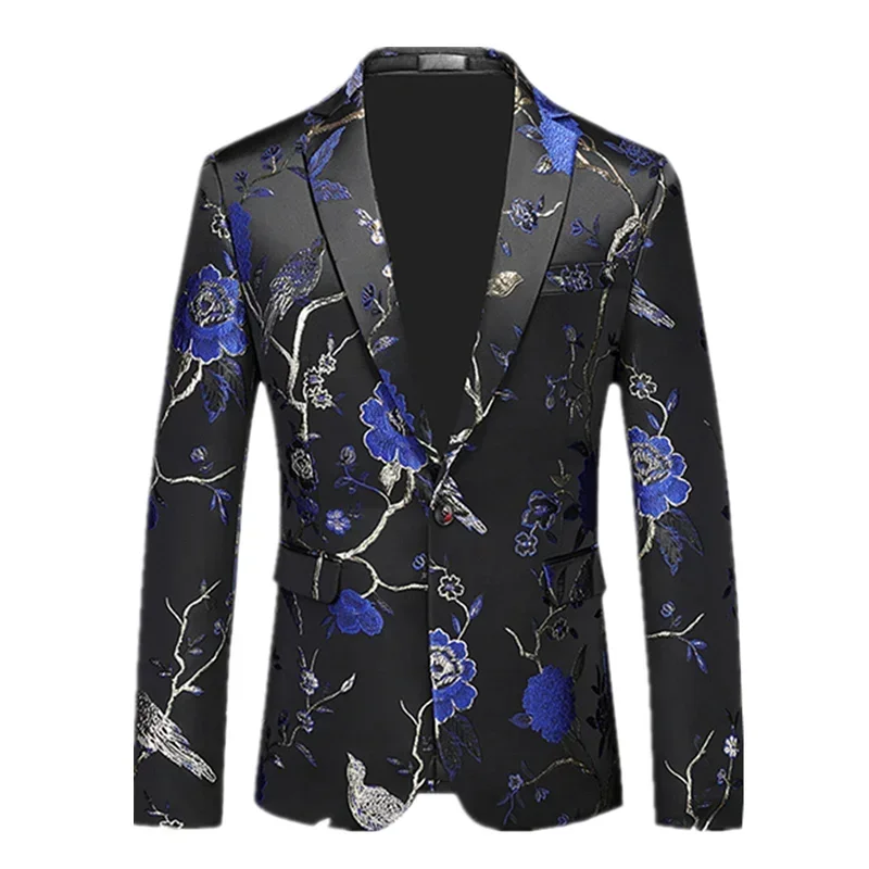 Fashion Luxury Wedding Suit Men Slim Fit Jacquard Jacket Blue White Red Gentleman Business Party Swallowtail Dress Flower Blazer