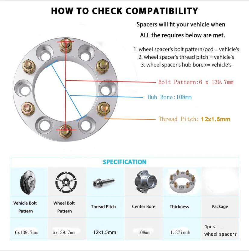 4pcs Car Wheel Spacer Adapter PCD 6x139.7 Center Bore 108MM Thread M12X1.5 Thickness 35mm Hub Centric 6 Lug