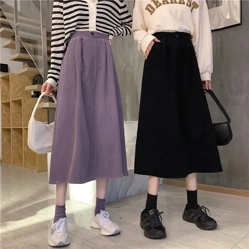 Loose Corduroy Button A Line Skirt Woman Autumn Winter Casual High Waist Long Skirts Women Korean Preppy Solid Color Maxi Skirts