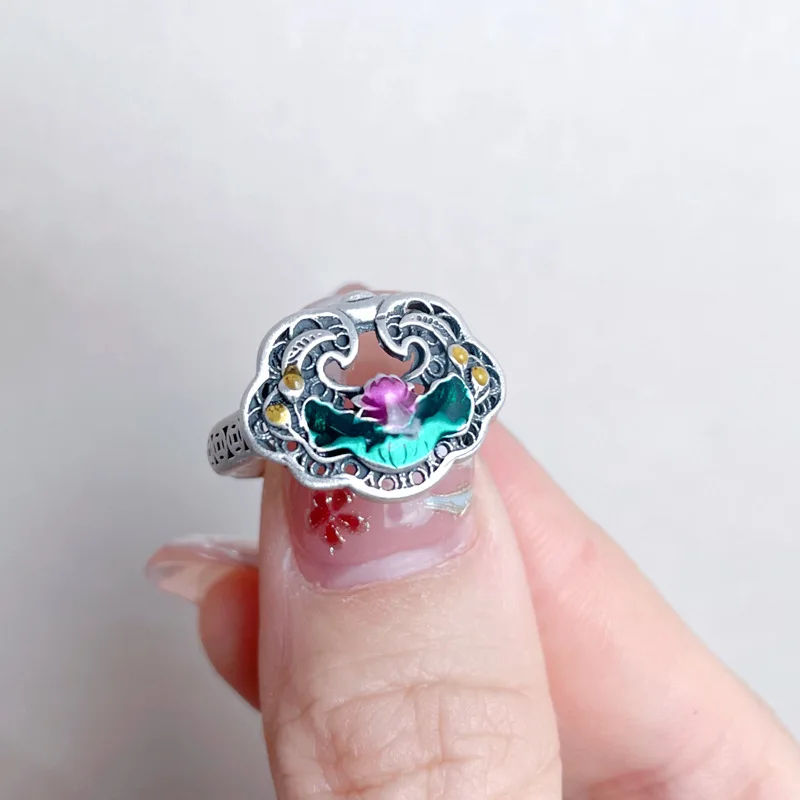 

S990 Pure Silver Enamel Lotus Silver Ring for Women Vintage Ethnic Style Colorful Ruyi Lock Shape Adjustable Open Ring Jewelry