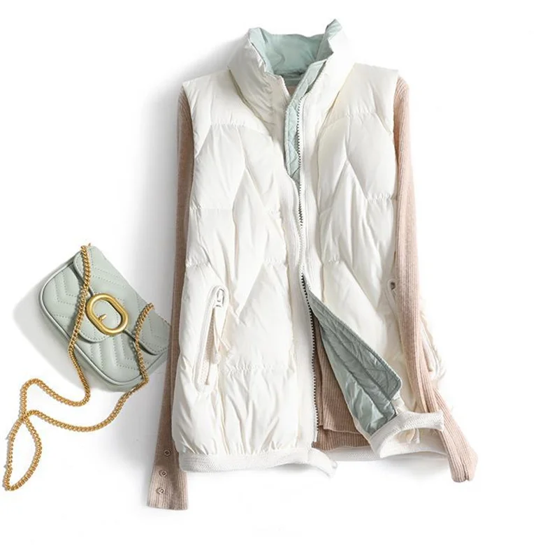 Chaleco de Plumón Cálido para Otoño e Invierno, Chaqueta Acolchada, Parkas para Mujer, Chaleco Ligero y Delgado de Plumón de Pato Blanco, Chaqueta sin Mangas Corta para Mujer