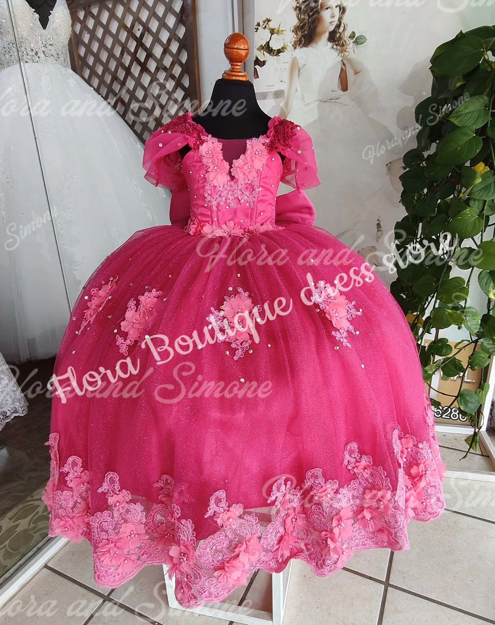 الوردي زهرة فتاة فستان لحفل الزفاف ثلاثية الأبعاد زين تول منتفخ مع القوس الاطفال حفلة عيد ميلاد أول بالتواصل فستاين سهرة/فساتين الحفلات حسب الطلب