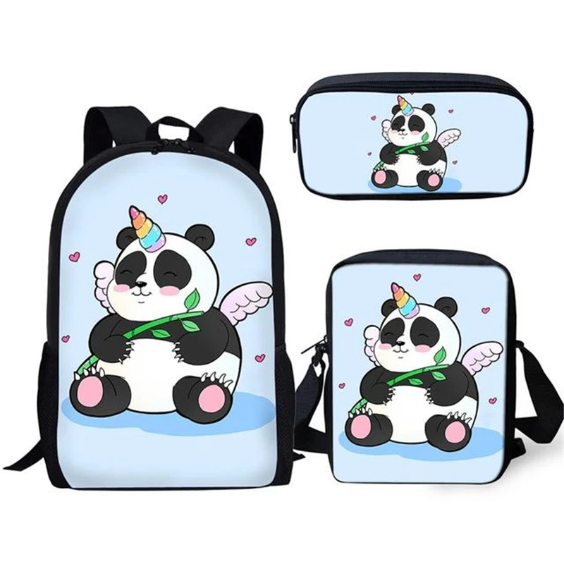 3 buah tas sekolah gambar kartun Unicorn Panda, tas ransel kasual pelajar, tas buku kampus, tas makan siang harian, tas pensil