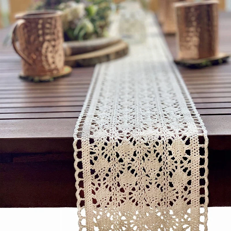 Table Runner Macrame For Wedding In Boho Style Beige Cream (15 X 200 Cm) Table Runner,Vintage Crochet Rustic , Wedding