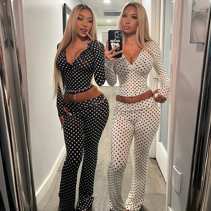 

Blifanbo Fashion Autumn Winter Long Pants Two Pieces Set Women Polka Dot Cardigan Hooded Top And Slim Patchwork Long Pants Set