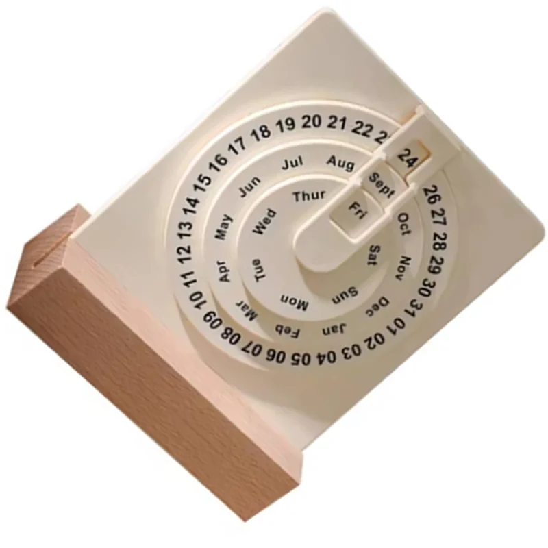 OFSS-Desk Calendar Small Rotating Desk Circular Calendar With Wooden Base Month Week Day Display Wheel Calendar
