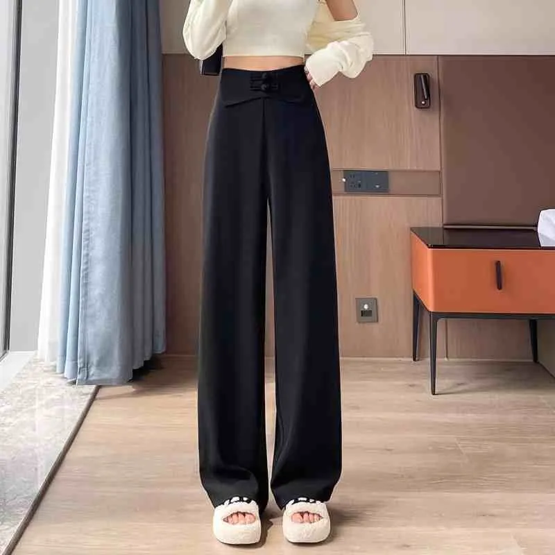Neue Chinesische Stil Anzug Hosen frauen Frühling Herbst 2025, Bequeme Schnalle Hohe Taille Dünne Lose Gerade Wischen Breite Bein hosen