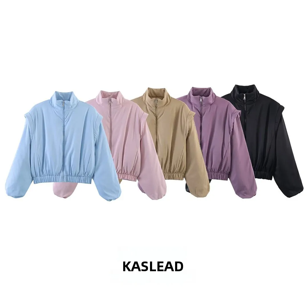 

KASLEAD New Women's Fashion Simple Multi-Color Cotton Jacket Shoulder Shape Outerwear Street Style Long Sleeve Short Zipper
