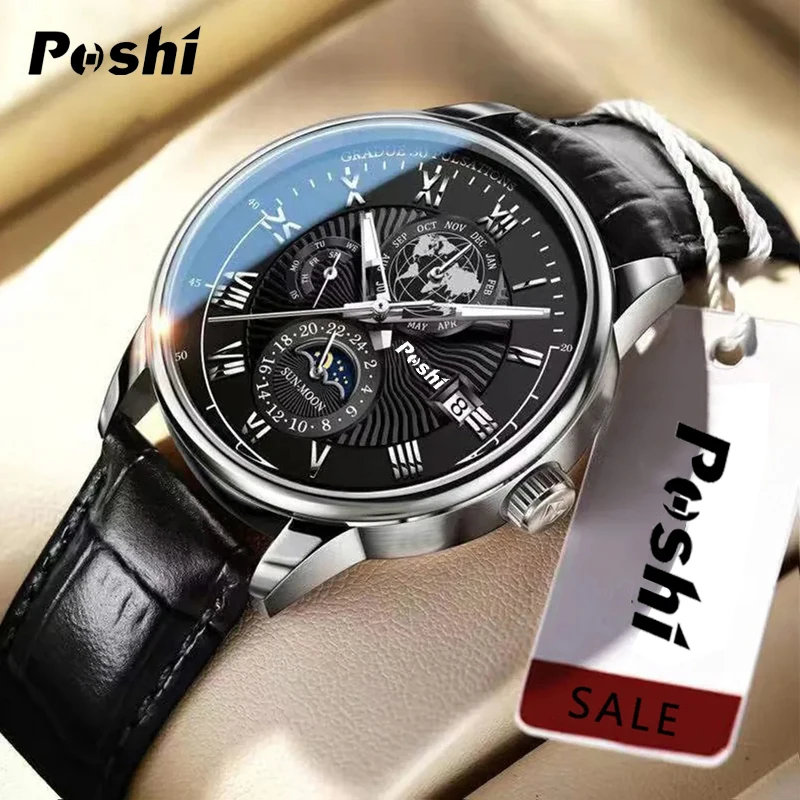 Schweizer Marke POSHI Männer Uhr Mode Top Luxus Sport männer Armbanduhr Wasserdicht Leucht Leder Datum Quarz Uhren Mann uhr