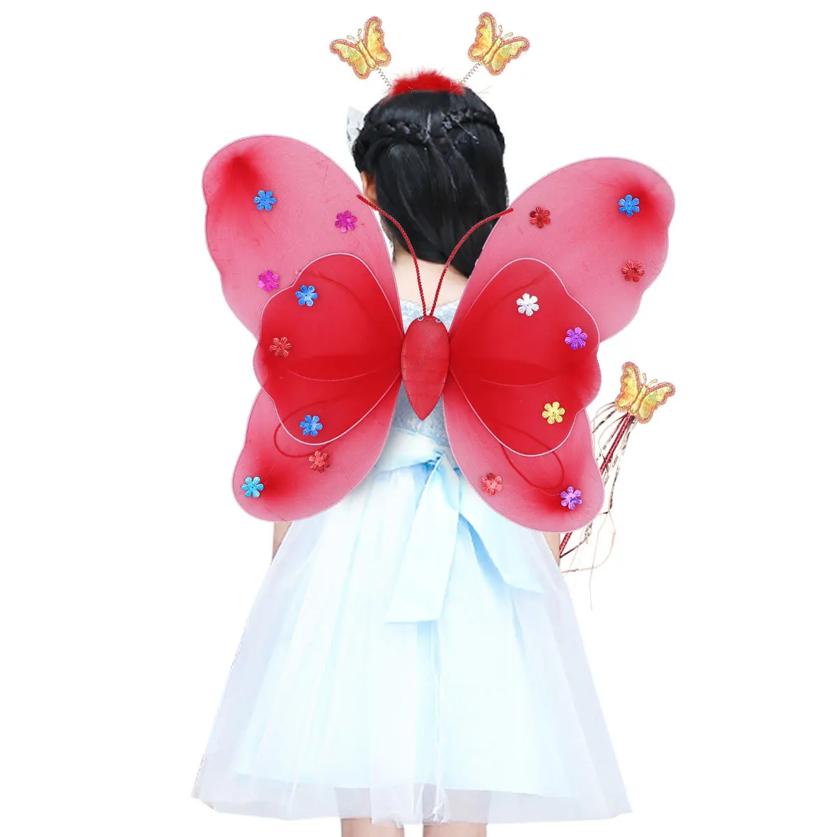 3Pcs LED Light Fairy Wings Set Red Includes Double Layer Wings Elastic Straps Headband and Wand Girls Costume Night Party Outfit