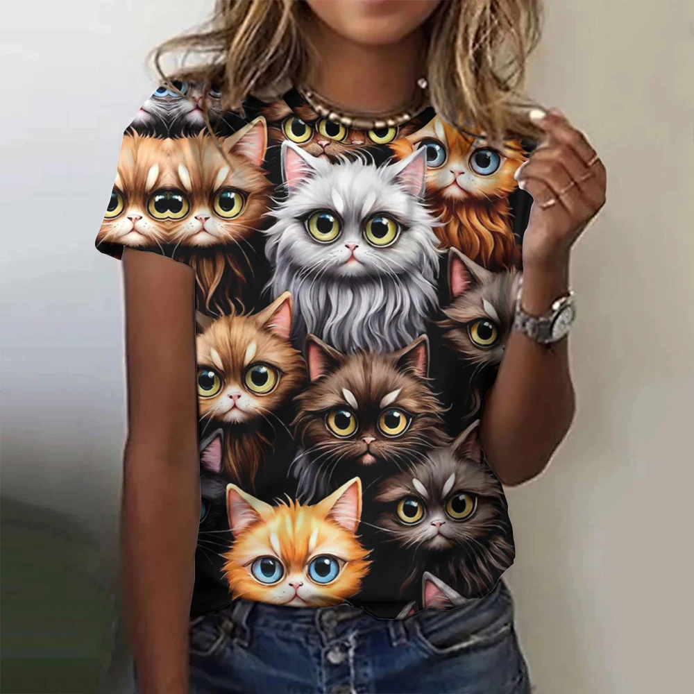 Animal T Shirt For Women Cute Cat 3d Print Summer Crew Neck Short Sleeve Tops Girl Clothing Oversized Women\'s T-Shirts