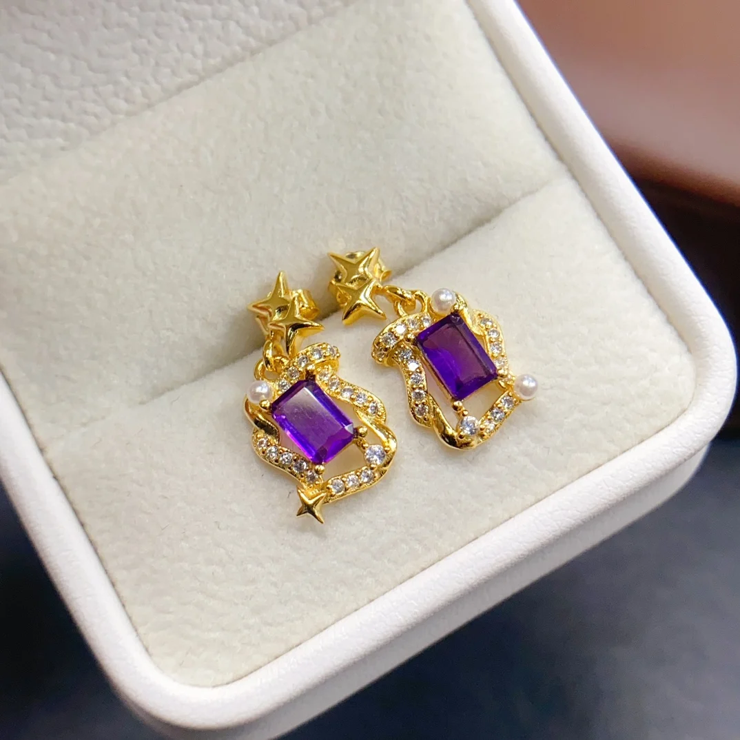 4*6mm 천연 자수정 귀걸이 S925 스털링 실버 인증서 고급 패션 참 웨딩 주얼리 여성용 FS