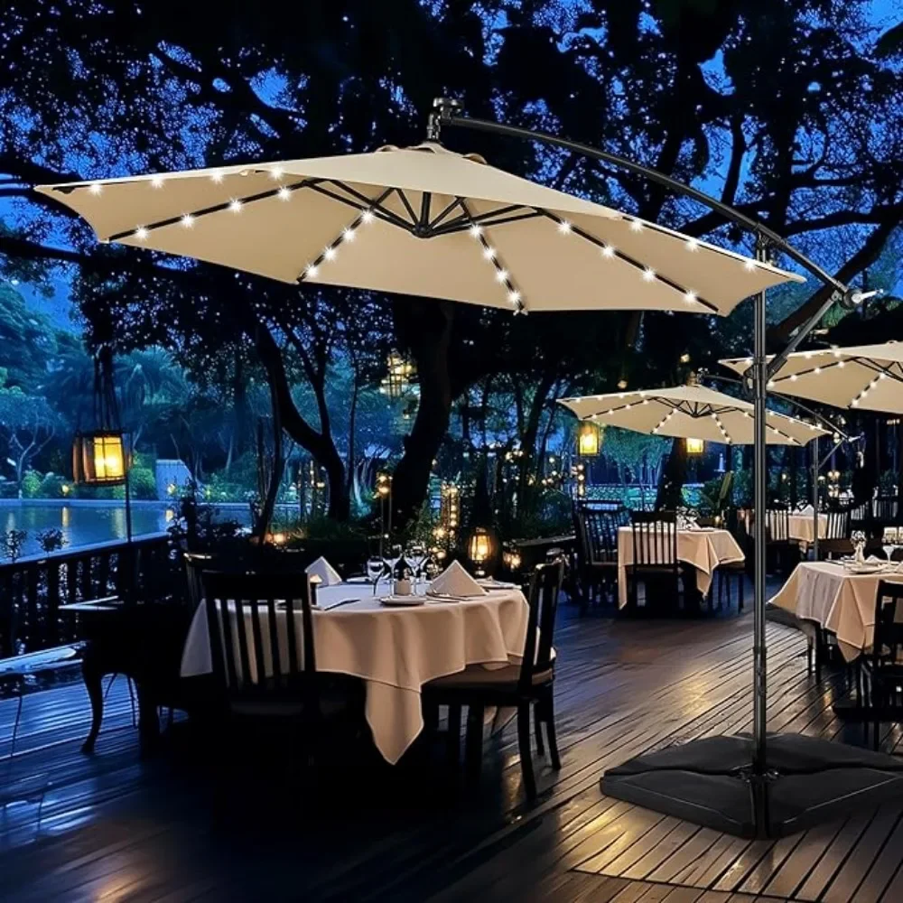 

Solar Offset Umbrella with 10FT 32 LED Lights Cantilever Outdoor Umbrellas Handy Crank & Cross Base for The Beach for Backyard